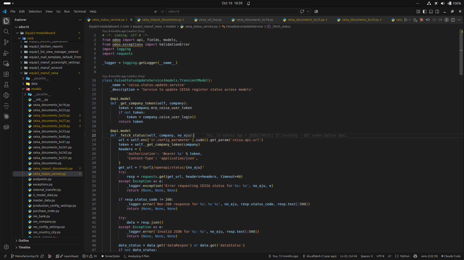 Editor kode Python untuk layanan pembaruan status dokumen CEISA pada modul Odoo.