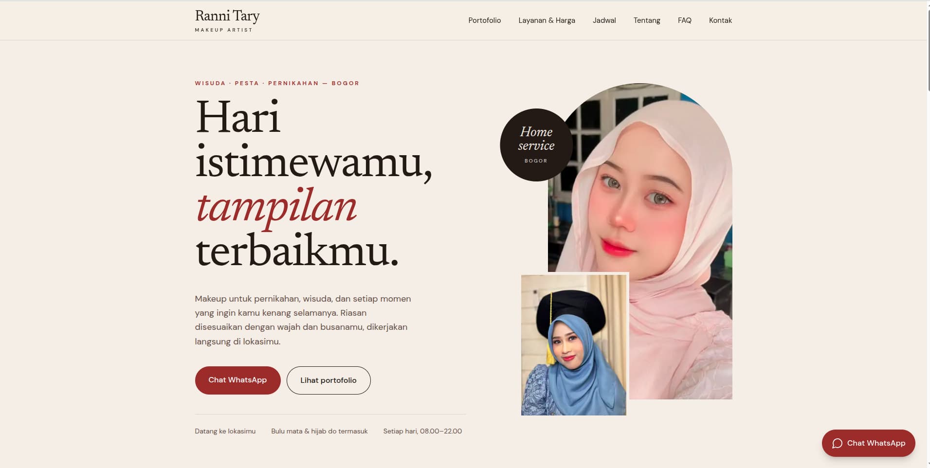 Halaman utama MUA Ranni dengan layanan makeup, foto portofolio, dan tombol WhatsApp.